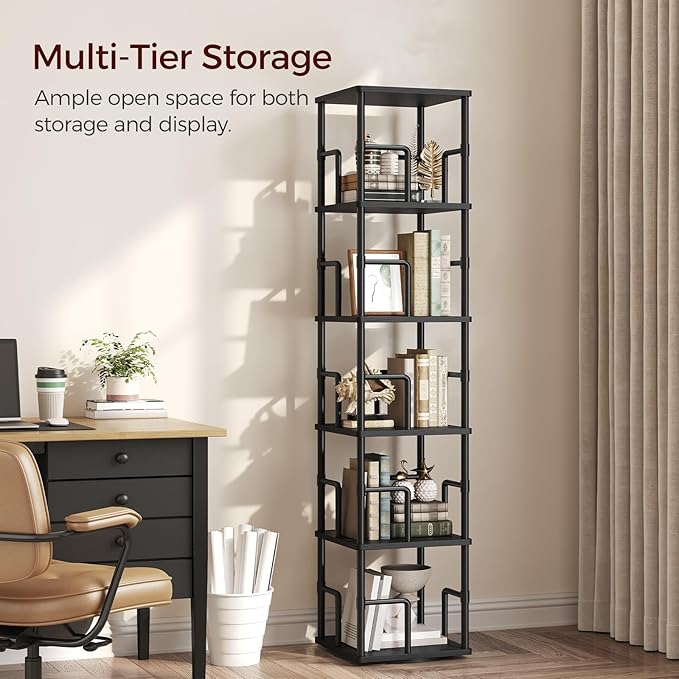MAHANCRIS 5-Tier Rotating Bookshelf, Freestanding Corner Bookshelf, 360° Spinning Bookcase, Industrial Style Storage Rack with Rails, for Living Room, Bedroom, Study, Black BKBK1601