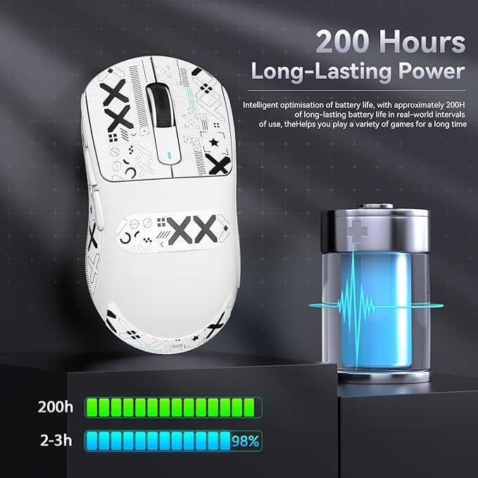 MAMBASNAKE Attack Shark X3 Wireless Gaming Mouse, 49g Ultralight, PixArt PAW3395 26000 DPI, Bluetooth/2.4Ghz /Wired Tri-Mode, 200Hrs Rechargeable Battery, Kailh GM8.0 Switch for PC/MAC/Win-White&Tape