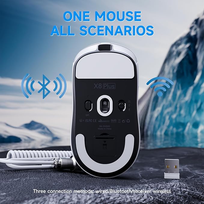 ATTACK SHARK X8Plus 55g Superlight Wireless Gaming Mouse with 40K DPI,PAW 3395PRO Sensor, Broadcom BK52820 Chip,HUANO Switch,Web Driver,Tri-Mode Fit Large Hand Mice with RGB Cable -White&Sticker