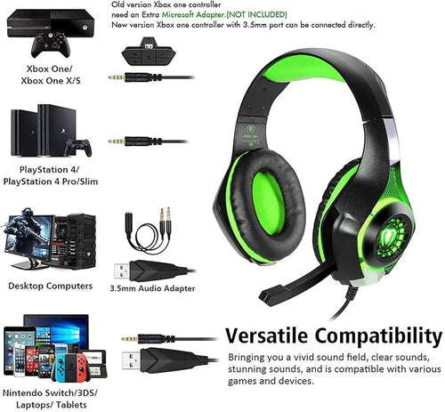 BlueFire Wired Gaming Headset for PS4 PS5 Xbox One PC – Over-Ear Headphones with Surround Sound, Noise Canceling Mic, Soft Memory Foam, LED Light, 3.5mm Jack for Console & Laptop (Green)