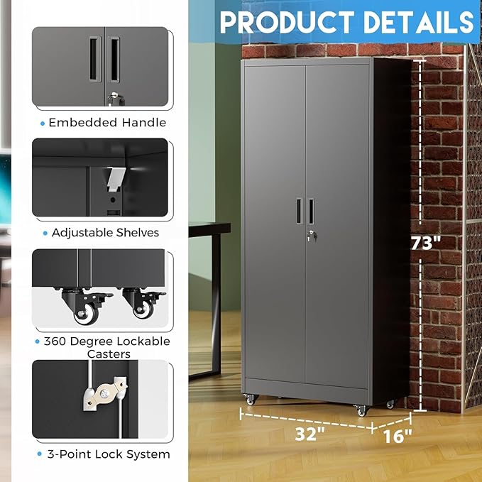 Greenvelly 73" Metal Storage Cabinet with Wheels, Black Garage Storage Cabinet with 4 Adjustable Shelves and Locking Doors, Garage Rolling Storage Cabinet for Warehouse, Garage, Home Office, School