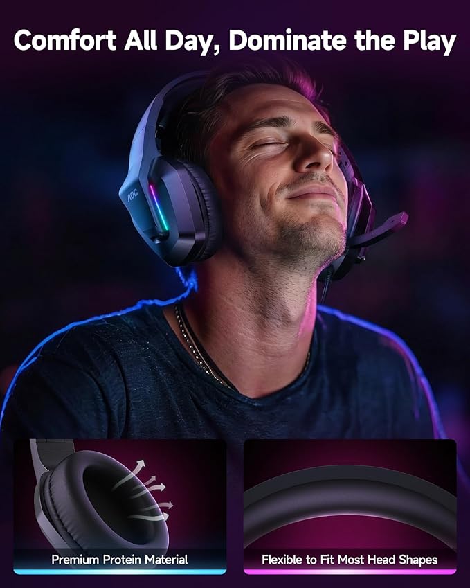 AOC Wired Gaming Headset, Surround Sound Headphones for Xbox Series X|S PS5 PC Switch, Noise Canceling Over-Ear Gaming Mic, RGB Lights, 50mm Drivers, 3.5mm Jack, Black