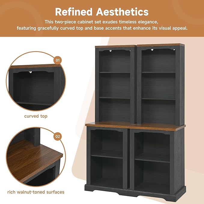 ON-Trend Two-Piece Elegant Freestanding Tall Cabinet with Fully Open Storage, Walnut Element Bookshelves with Curved Design, Stylish Display Bookcase with Anti-Tip Device for Living Room, Black Refi