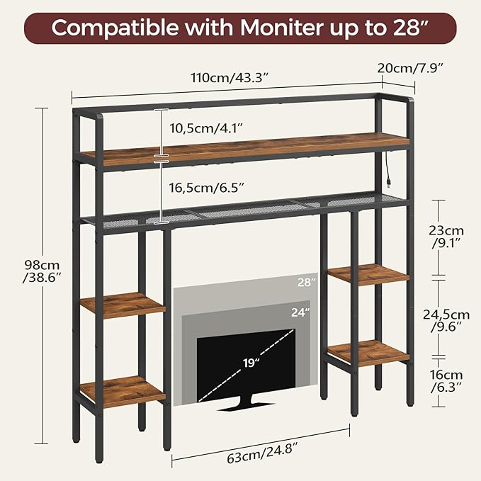 MAHANCRIS Desk Shelf, 43.3" Desk Hutch with Light Strip, Office Desktop Organizer, 5 Tier Desktop Bookshelf for Computer Monitor, Storage Rack for Study, Home Office, Rustic Brown DSHR9801