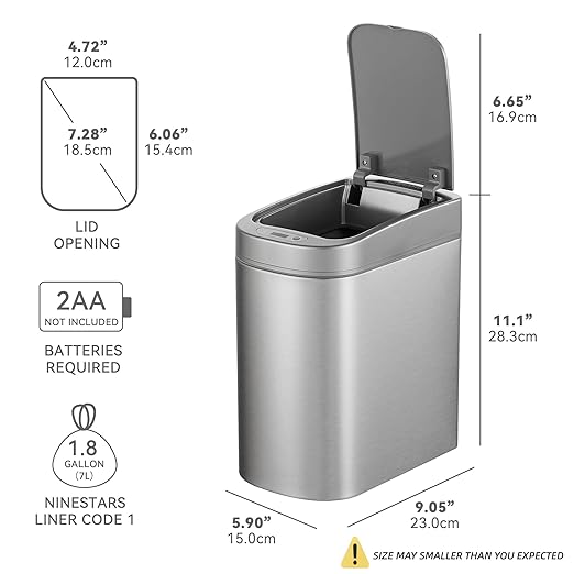 Ninestars Automatic Motion Sensor Bathroom Trash Can, 1.8 Gallon Smart Opening Garbage Bin for Bathroom, Bedroom, Kitchen, Office 7 Liter Compact Stainless Steel