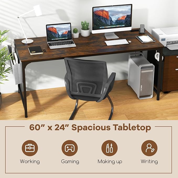 Tangkula 60" Conference Desk Set of 2, Modern Boardroom Desk with Storage Bag, Headphone Hook, Sturdy Metal Frame, Rectangular Seminar Table with Charging Station