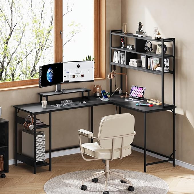 DEVAISE L Shaped Gaming Desk with Hutch, Reversible Computer Desk with LED Light, 3-Tier Shelves, 2 AC+2 USB Outlet and Monitor Stand, Corner Desk with Storage for Home Office (Black, 66 Inch)