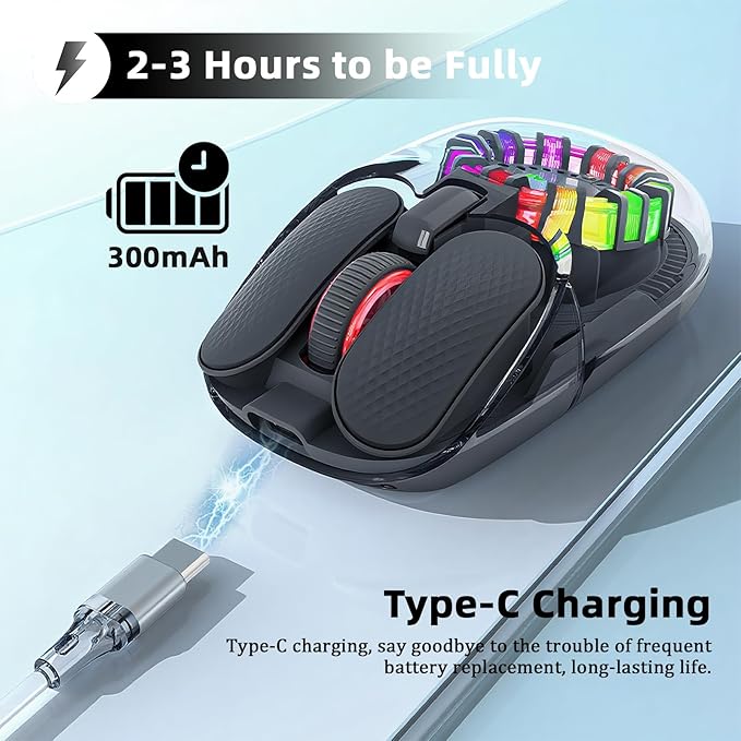 Wireless Bluetooth Mouse, Transparent BT+2.4G Dual-Mode Gaming Mouse with Magnetic Top Cover, Rechargeable RGB Backlit Computer Mouse for Laptop, PC, MacBook, iPad (Black)