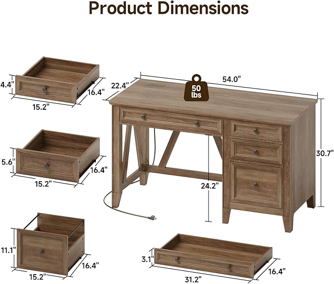 ONBRILL 54 Inch Farmhouse Executive Desk, Computer Desk with Drawers, Home Office Desk with Charging Station, for Working Studying Writing, Brown