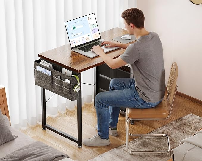 AODK 32 Inch Small Computer Desk with Fabric Drawers, Kids Study Desk for Bedroom, Home Office Desk with Storage Shelf & Bag for Small Space, Vintage