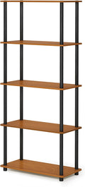 Furinno Wire Book Shelf, 5-Tier Industrial Style Metal Frame Bookcase, Display Shelf, 24 Wide, Walnut Cove