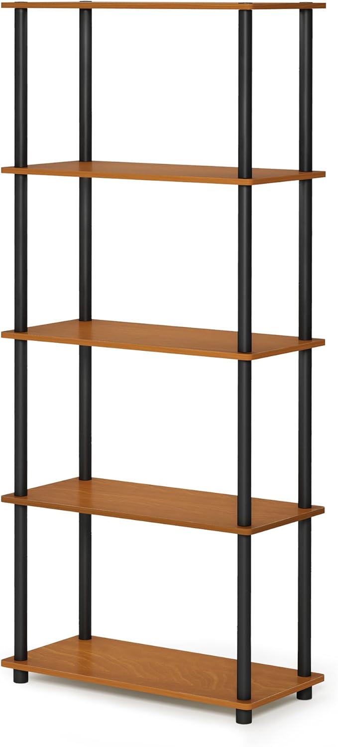 Furinno Wire Book Shelf, 5-Tier Industrial Style Metal Frame Bookcase, Display Shelf, 24 Wide, Walnut Cove