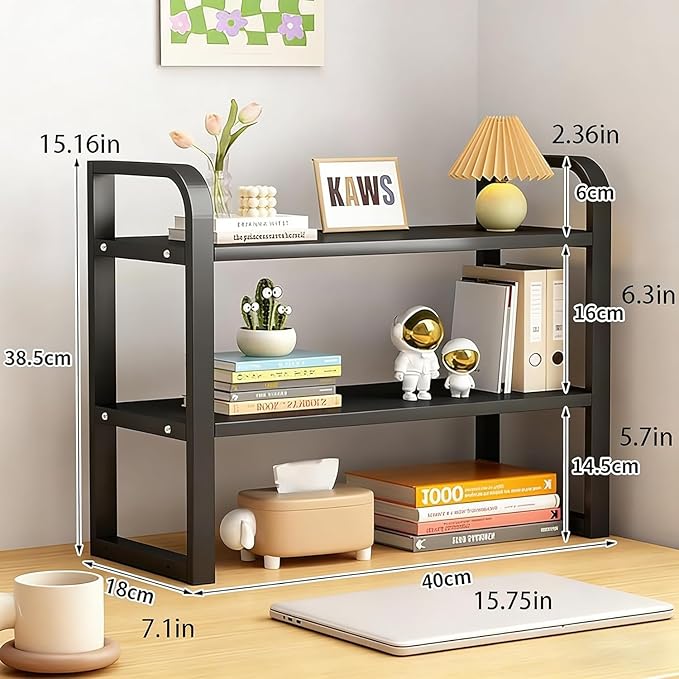 Hbluefat Desktop Organizer Shelf, 2-Tier Adjustable Desk Bookshelf, Tabletop Small Wood Bookcase, Multipurpose Display Storage Rack for Home Office (Black+Black)