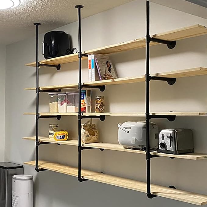 HITOMEN Industrial Iron Pipe Shelves, 2 Set 5-Tier 70.5" Tall 12" Depth, DIY Open Bookshelf Bookcase, Wall Mounted Vintage Retro Shelving, Rustic Farmhouse Pantry Kitchen Storage, Black Shelf Brackets