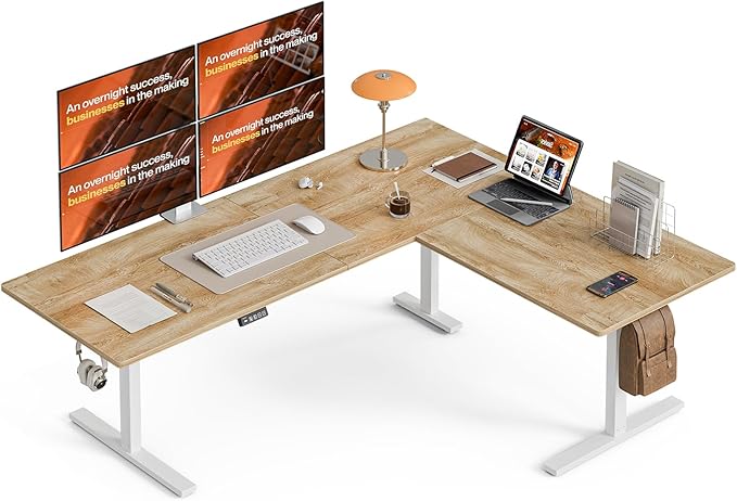 Grandder 75 x 61 Inch L Shaped Standing Desk, Electric Height Adjustable Corner Stand Up Desk, Sit Stand Corner Table Home Office Table, Oak Top White Frame