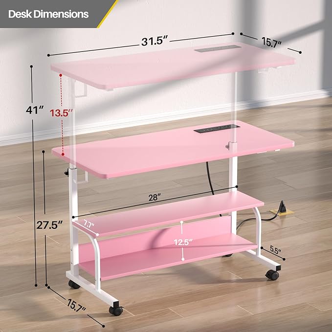 Armocity Rolling Standing Desk with Power Outlets, 32" Manual Height Adjustable Mobile Computer Desk with Wheels, Small Portable Sit Stand Laptop Couch Table for Bed & Sofa Home Office, Pink