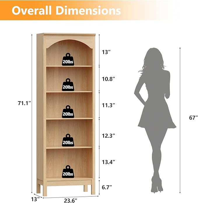Arched Set of 2 Bookshelf with 5 Tier Open Shelves, 71" Tall Wood Bookcase with Adjustable Shelves, 24" Wide Floor Standing Display Storage Shelf for Home Office, Kitchen, Living Room, Natural Oak