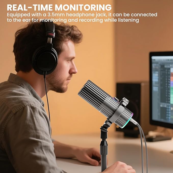 BASN USB/XLR Dynamic Microphone for Podcasting, Live Streaming, Gaming Recording with RGB Mute Button, Headphone Monitoring and MIC Stand (Gray) SL2000
