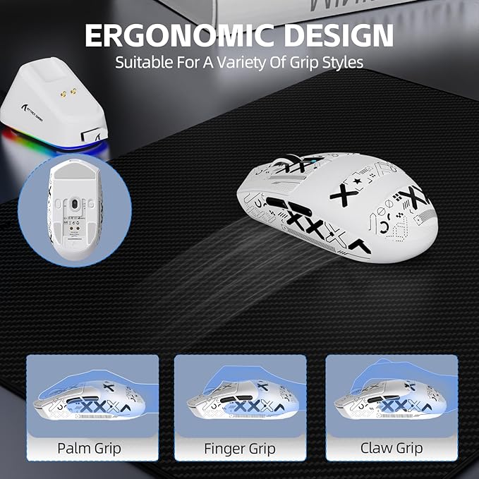 ATTACK SHARK G3PRO Wireless Gaming Mouse with RGB Charging Dock,2.4G/USB-C Wired/BT PAW3311 Optical Sensor 1K Polling Rate Adjustable 25K DPI,500mAh Battery Ultra Lightweight 59g Mice (White&Griptape)