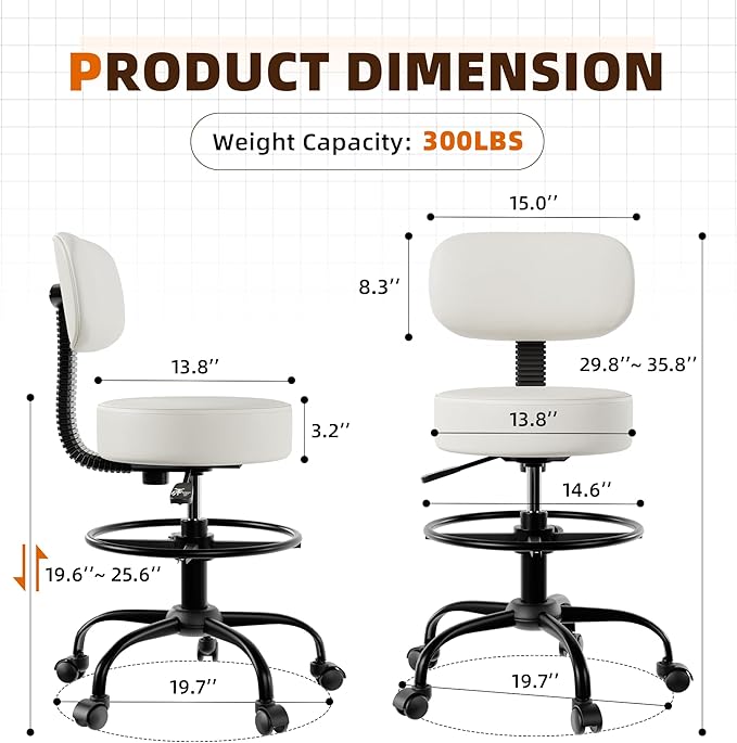 Drafting Chair with Back, Adjustable Foot Rest Rolling Stool (2, White)