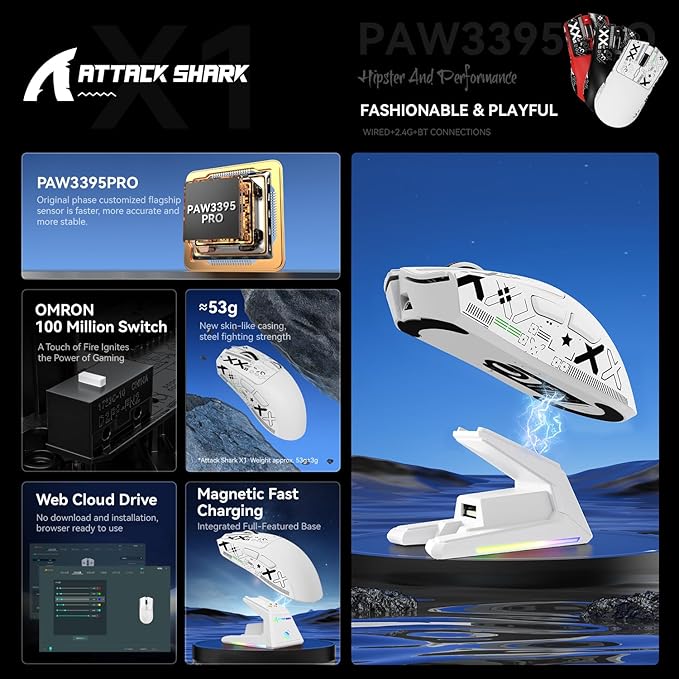 MAMBASNAKE ATTACK SHARK X1 Wireless Gaming Mouse with RGB Charging Dock,PAW3395 PRO Sensor 40K DPI,1KHz Polling Rate 53g Superlight Tri-Mode Computer Mice,5 Programmable Buttons for WIN/MAC-White&Tape