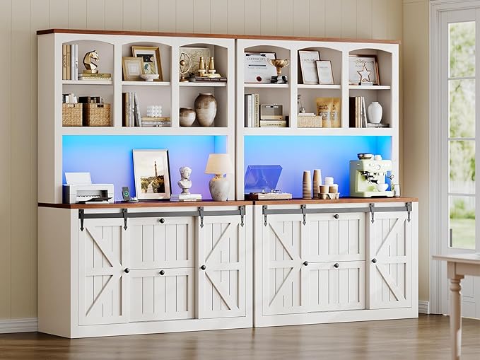SEDETA 2 Drawer File Cabinet with Power Strip, 41” Farmhouse Filing Cabinet fits Legal, Letter, A4 Size Files for Home Office, Printer Stand with Storage Shelf, Bar Door and LED Lights, White