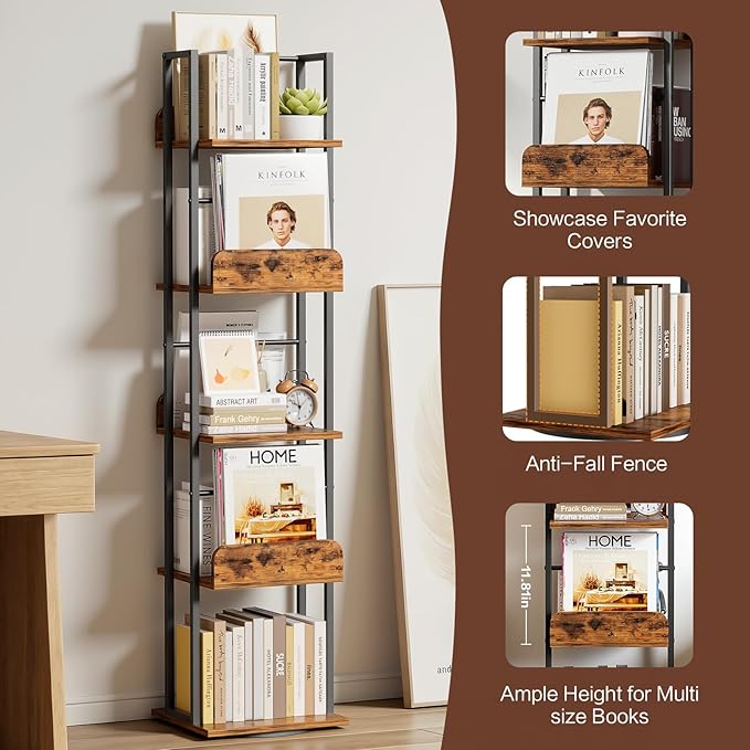 Bikoney Rotating Bookshelf, 360 Display Spinning Bookshelf Tower, 5-Tier Narrow Bookcase, Tall Industrial Book Shelf Organizer, Small Corner Book Shelves for Living Room, Black