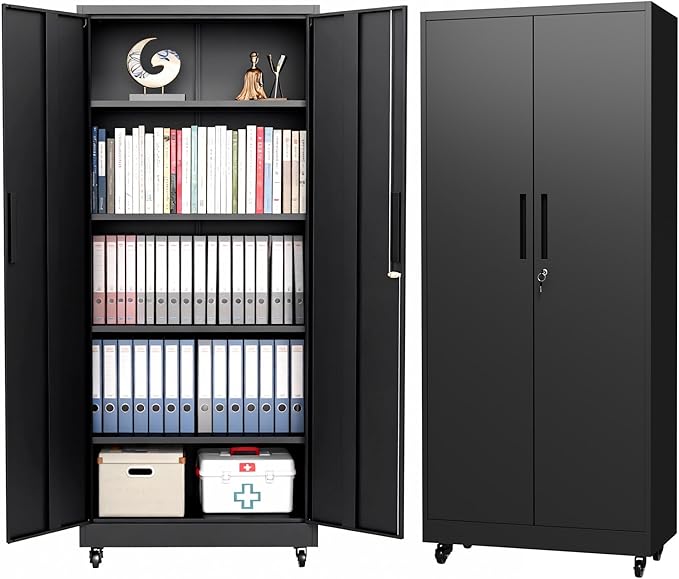 Metal Storage Cabinet with Wheels, 74.5" Garage Storage Cabinet with 4 Adjustable Shelves & Lockable Doors, Heavy Duty Garage Cabinets for Office, Home, Garage, Gym, School