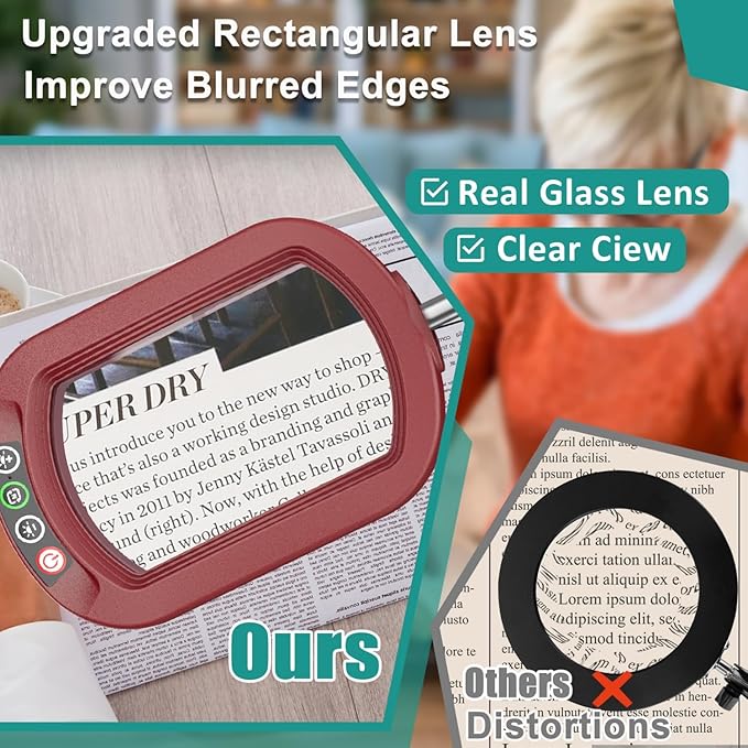 IVMAIE 10X Rectangle Magnifying Glass with Light, 5 Color Modes Stepless Dimmable Magnifier with Stand, LED Lighted Clamp Desk Lamp with Swing Arm, Hands Free for Reading Painting Close Work - Red