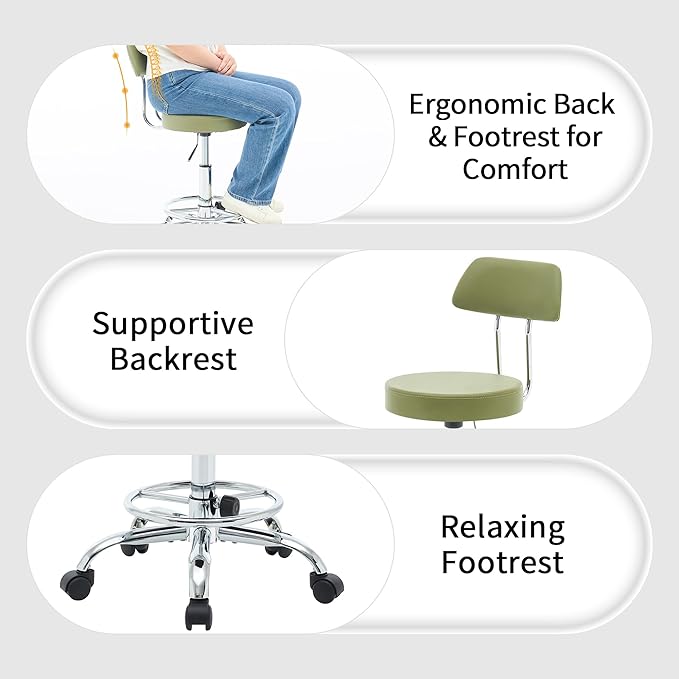 FIRAVOE Drafting Chair (Work Stool with Back)(Swivel Shop Stool 19.5"-26.6") Adjustable Height and Footrest Ergonomic Office Chair (Green)