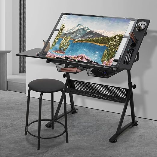 MoNiBloom Adjustable Height Drafting Table with Stool, Modern Style, Tough Glass Top, 28-36 in Length, 19 in Width, 30 in Height, Ideal for Artists, Designers, Office, Studio