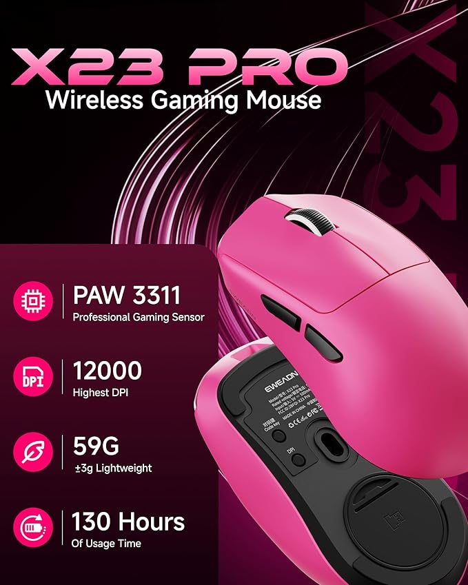 EWEAND X23 Pro Wireless Gaming Mouse, Tri-Mode 2.4G/USB-C/Bluetooth 5.4 Mouse, PAW3311 Sensor, 12000 DPI, 59g Lightweight, 1ms Response, Seamless Device Switching Computer Mouse for Laptop/PC/Mac-Pink