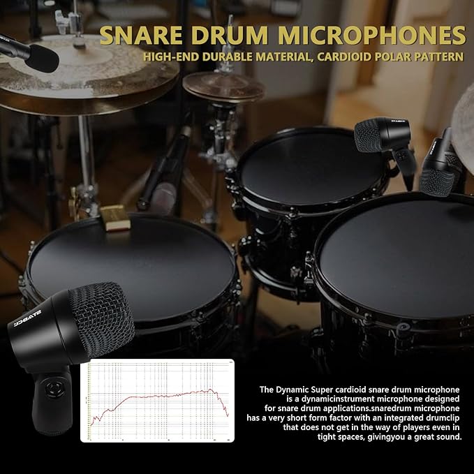 7 Piece Drum Mic Kit with Carrying Case, Full Metal Wired Dynamic Drum Mics Set for Kick Bass, Tom, Snare, Hi-hat Cymbals and Musical Instrument Drum Microphone with Holders, Threaded Clips