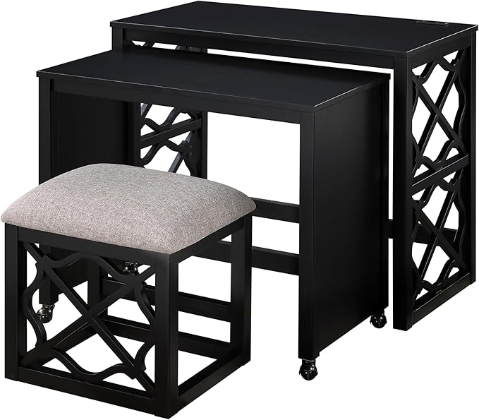 Desks and Stool Set 3pc Black Finish Rolling Desk with Casters, 2 Charging Ports Home Office Furniture
