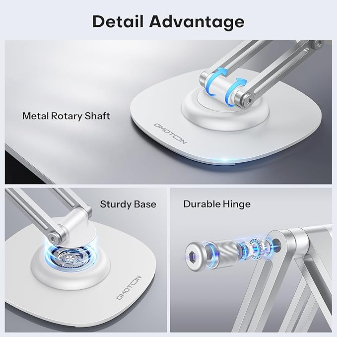 OMOTON 360°Rotating Magnetic Phone Stand for Desk, Adjustable Foldable Aluminum for MagSafe Cell Phone Stand Holder with Non-Slip Base, for iPhone 17/16/15/14 Pro Max Air/MagSafe Case, White