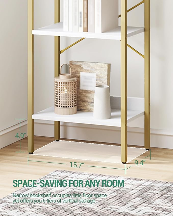 Hzuaneri Bookshelf, Book Shelf, Industrial Bookcase with 2 Hooks, Coner Shelf Storage Organizer for Home Office, Living Room, Bedroom, Kitchen, 6-Tier White-Gold BC10713G