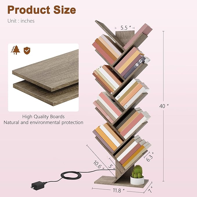 Hoctieon 10 Tier Tree Bookshelf, Tall Bookcase, Freestanding Book Shelf with LED Lights, Display Floor Standing Storage Shelf, Book Organizer Shelves for Home Office, Living Room, Greige