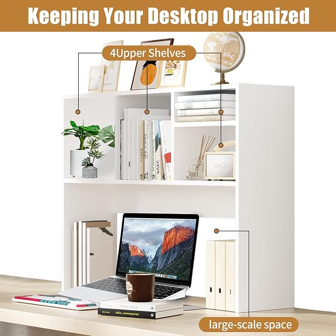 AQQHSAIN Desktop Bookshelf Wooden Desktop Hutch Storage Organizer Multipurpose Tabletop Display Rack with 4 Shelves for Computer Desk Hutch for College Dorm Office Home (White)