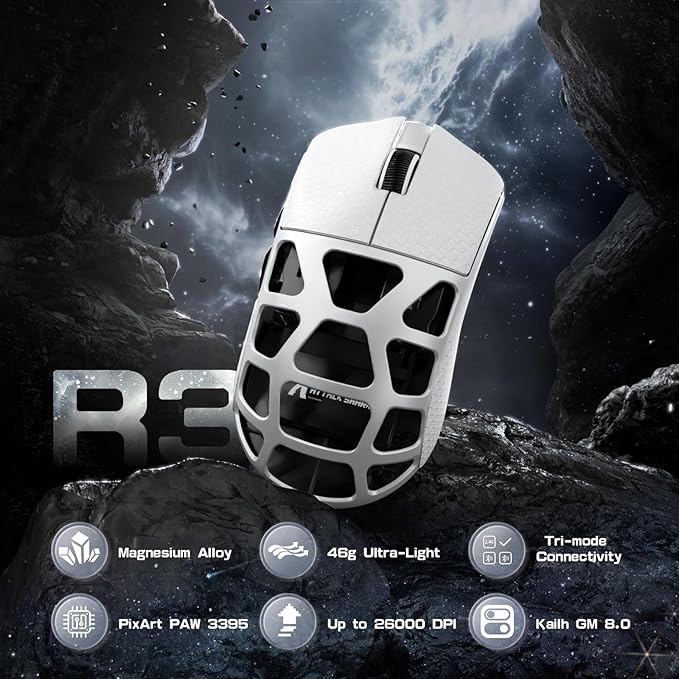 ATTACK SHARK R3 46g Superlight Magnesium Alloy Wireless Gaming Mouse, BT/2.4G/Wired Computer Mouse, 8KHz Polling Rate, PAW3395 26K DPI Sensor Programmable Mice Griptape for PC/Laptop/Mac (White)