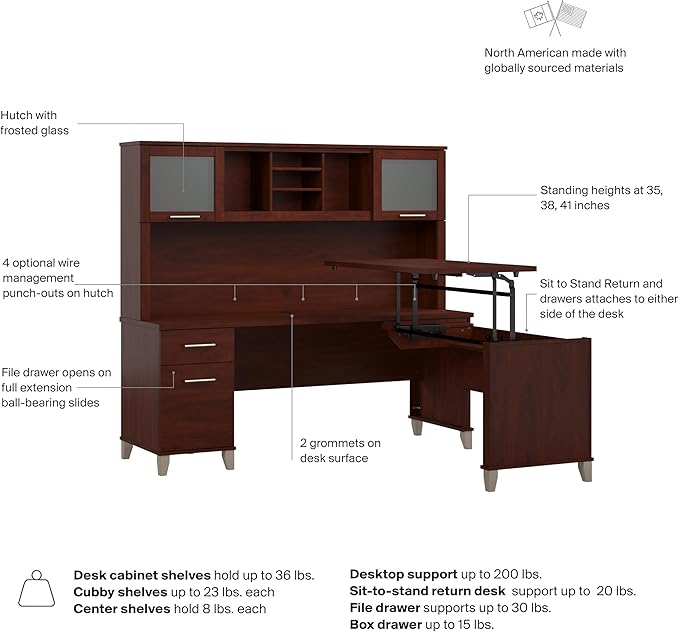 Bush Home Somerset 72W 3 Position Sit to Stand L Shaped Desk with Hutch in Hansen Cherry | Adjustable Height Table for Home Office