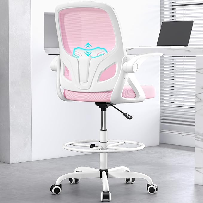 Kensaker Drafting Chair Tall Office Chair, Ergonomic Standing Desk Chair with Adjustable Foot Ring and Flip-up Armrests, Mesh Computer Chair for Art Studio, 300 LBS, Pink
