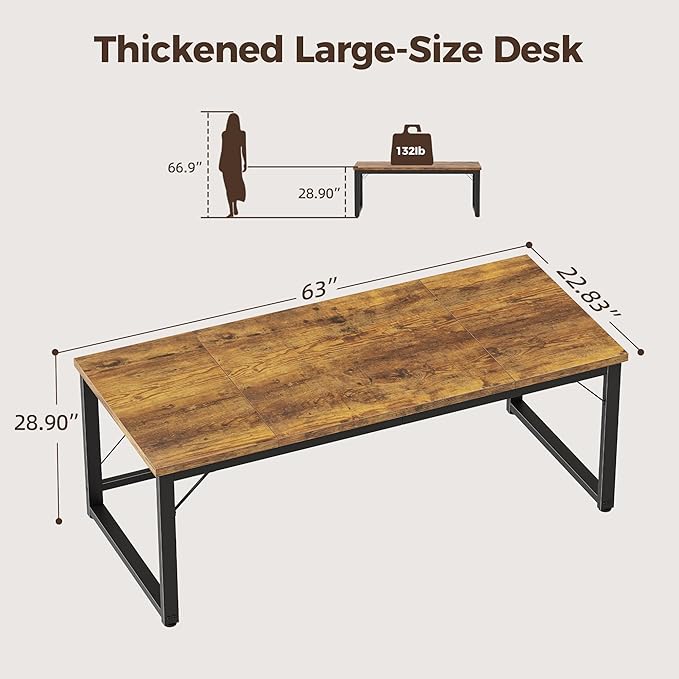 Mericonia 63 Inch Large Computer Desk, 1" Thick Heavy Duty Industrial Office Desk, Modern Simple Study Writing Table for Home Office Bedroom Workstation, Brown
