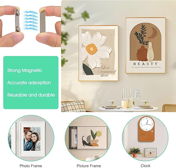 24-Pairs Magnetic Picture Hanging Strips, Magnetic Fixator Removable and Damage Free, Adhesive Strips for Frame Hanging and Home Decorations