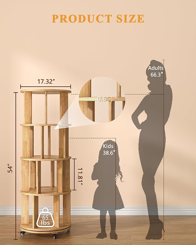 IUNVR Rotating Bookshelf, 4 Tier Solid Wood Bookshelf Tower with Lockable Wheels, 360° Spinning Revolving Bookcase for Small Spaces, Corners, Bedroom, Kids Room, Home Office, Natural