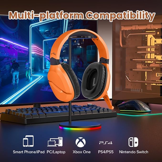 WolfLawS Wireless Gaming Headset with Noise Canceling Microphone for PS5, PC, PS4, 2.4G/Bluetooth Gaming Headphones with USB and Type-c Connector, Wired Mode for Controller - Orange