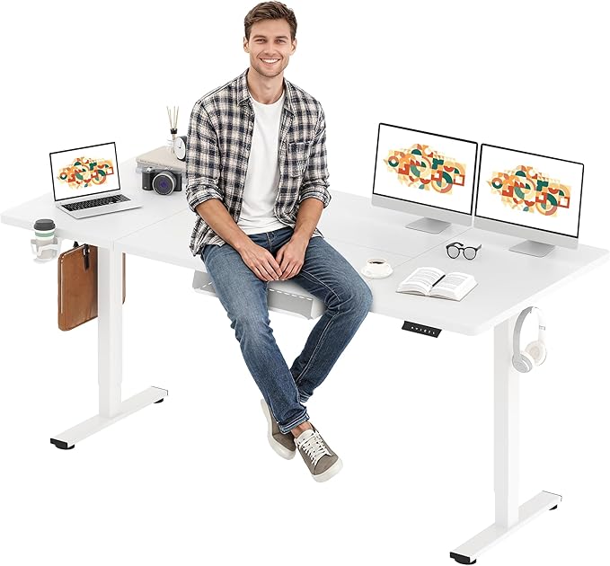 SANODESK Electric Standing Desk 79 x 32 Inches, Height Adjustable Sit Stand with Large Splice Board Desktop for Home Office, Computer Workstations，Memory Ergonomic Computer Desk, White Frame/White Top