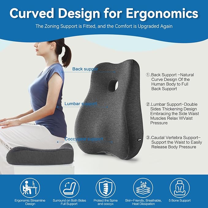 Seat Cushion & Lumbar Support Pillow Set for Office Chair, and Tailbone Discomfort with Lumbar Support Pillow and Seat Cushion - Perfect for Home,and Gaming Chairs Chair Cushion(Dark Grey)