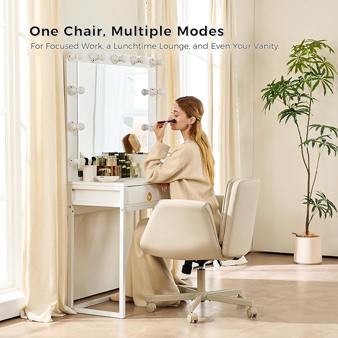amseatec Criss Cross Chair with Armrests & Wheels, PU Leather ADHD Home Office Desk Chair, Comfortable Lounge Chair for Home, Make Up, Bed Room, 5-Gear Adjustable Arm,Wide Seat,Swivel(Cream/Beige)