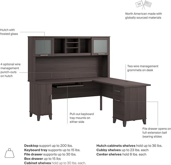 Bush Home 72-Inch L-Shaped Desk with Hutch, Corner Computer Office Desk with File and Box Drawers, Shelves and Storage Cabinet, Home Office Workstation, Somerset Collection, Storm Gray