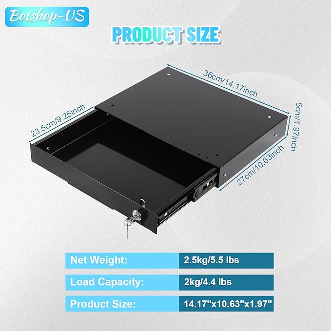 14" Under Desk Mounted Sliding Pull-out Drawer Organizer for Office - Lockable, Sit Stand Workstation, Black